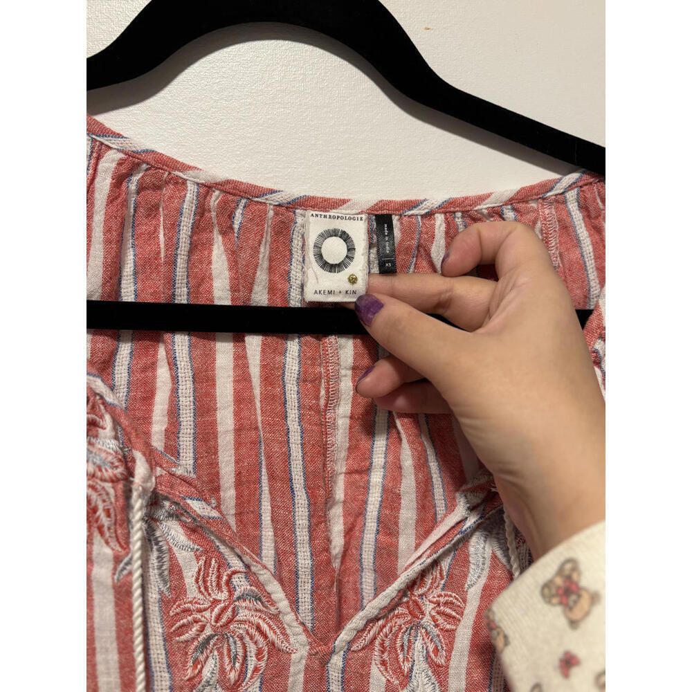 Anthropologie Striped Embroidered Boho Blouse Tassels XS - Picture 4 of 7